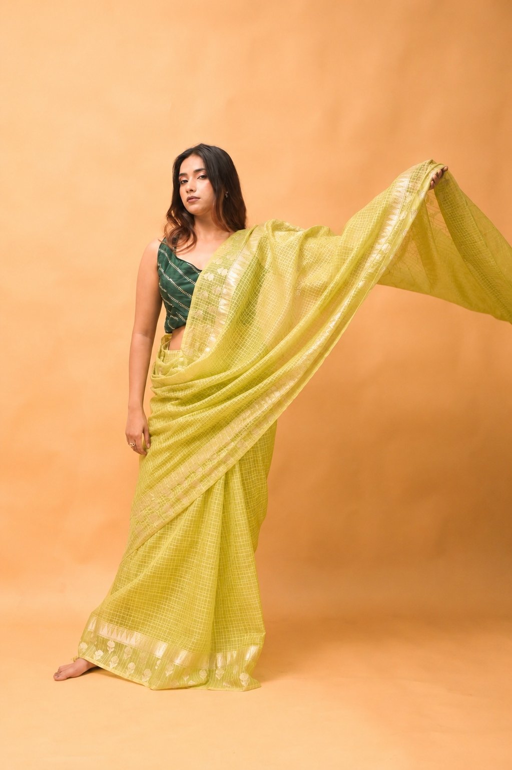 Elegant Check Pattern Lime Green Banarasi Kora Saree with Blouse